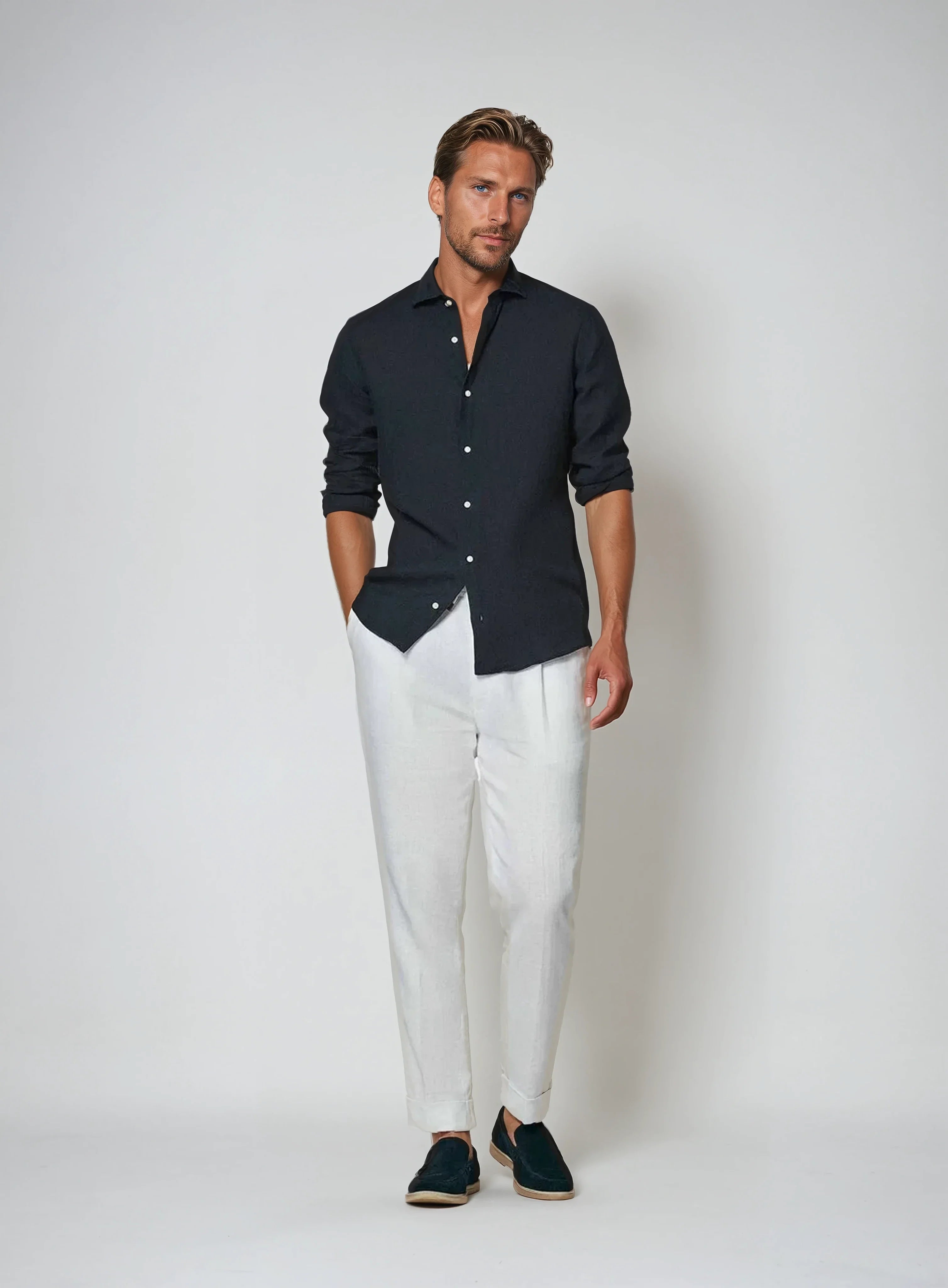 Bart - Navy Tailored Linen Shirt