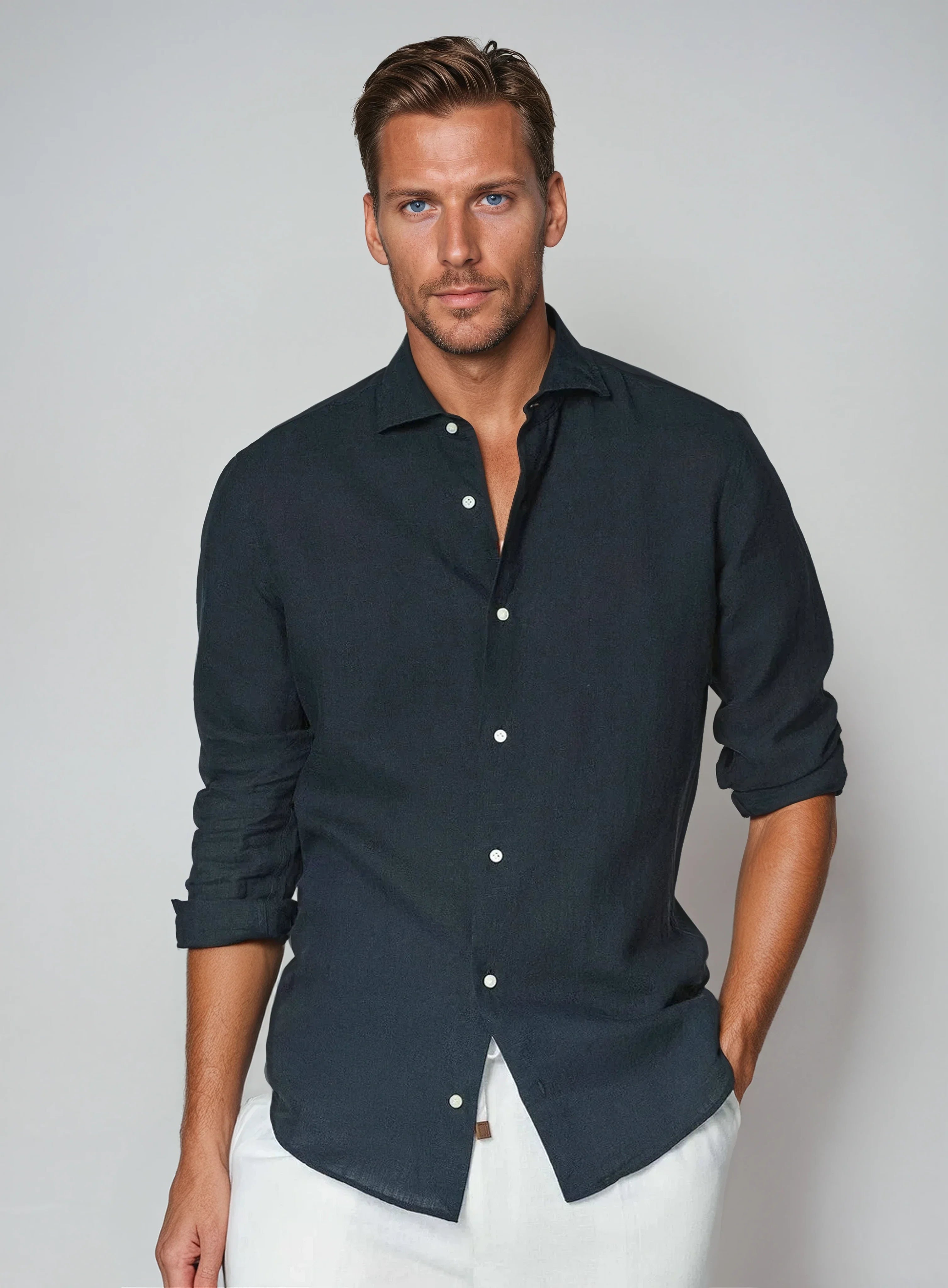 Bart - Navy Tailored Linen Shirt